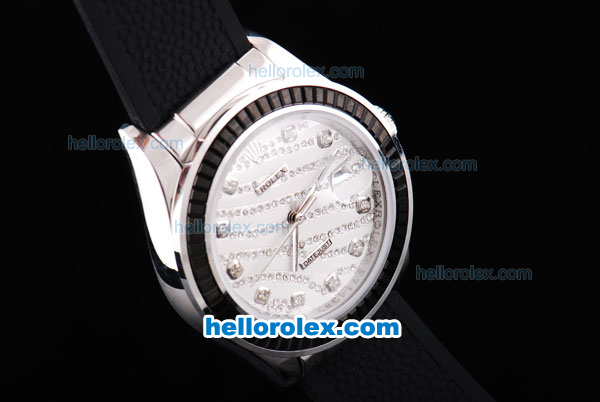 Rolex Datejust New Model Oyster Perpetual Swiss ETA Automatic Movement ETA Case with Black Diamond Bezel and White Diamond Crested Dial-Black Rubber Strap - Click Image to Close